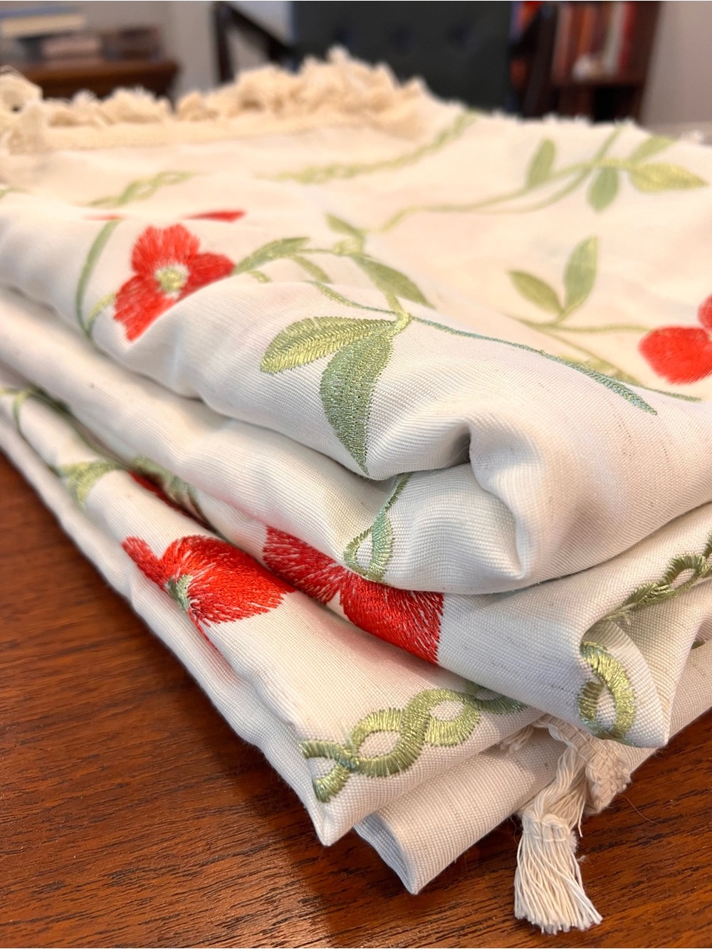 2 Panel 96” Curtain Set Linen Look Ivory Red Green Floral Embroidered Vines Boho